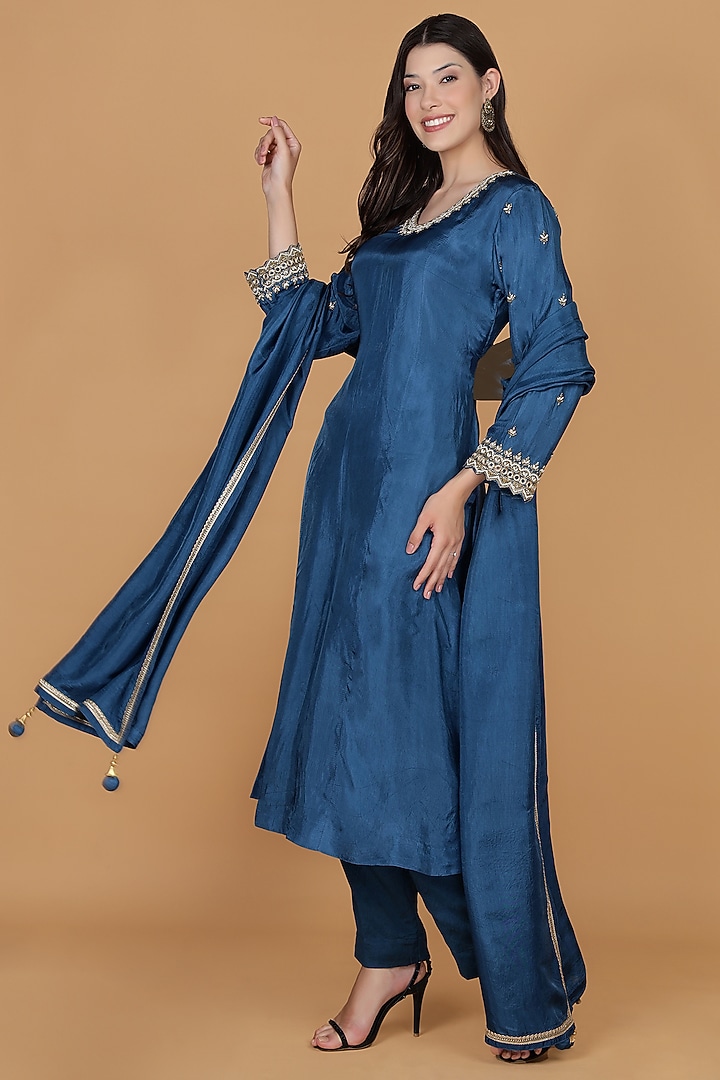 Persian Blue Opara Silk Cutdana Embroidered Kurta Set by Milu Madan at Pernia's Pop Up Shop