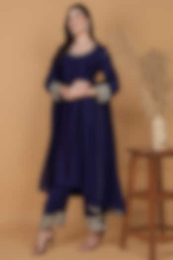 Dark Blue Katan Silk Mirror Work Kurta Set by Milu Madan at Pernia's Pop Up Shop