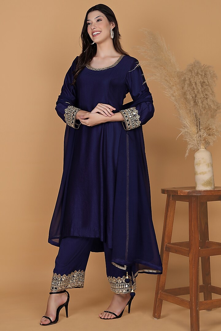 Dark Blue Katan Silk Mirror Work Kurta Set by Milu Madan at Pernia's Pop Up Shop