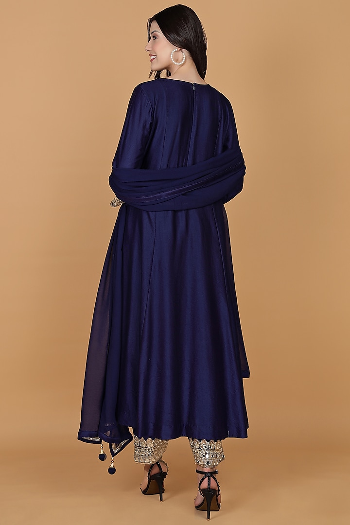 Dark Blue Katan Silk Mirror Work Kurta Set by Milu Madan at Pernia's Pop Up Shop