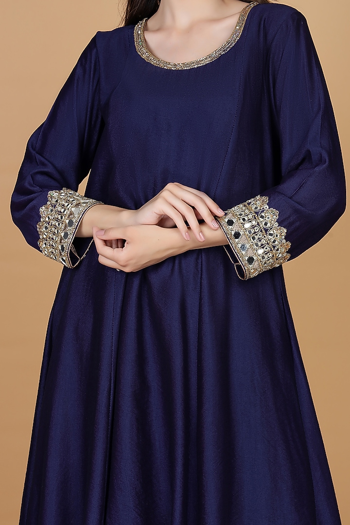 Dark Blue Katan Silk Mirror Work Kurta Set by Milu Madan at Pernia's Pop Up Shop