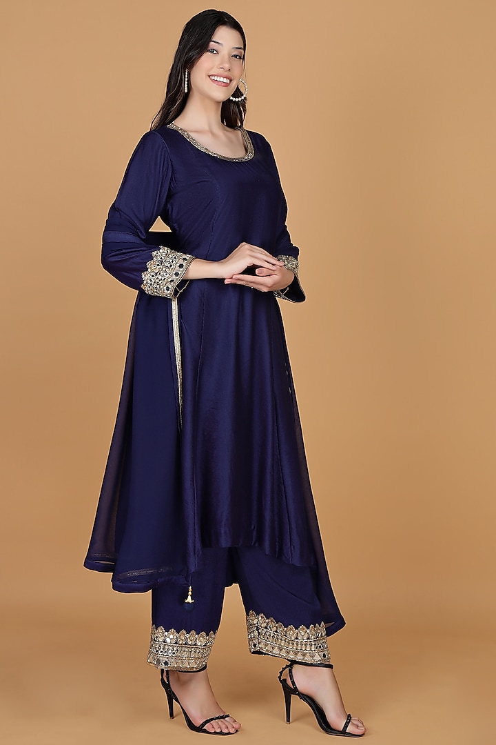 Dark Blue Katan Silk Mirror Work Kurta Set by Milu Madan at Pernia's Pop Up Shop