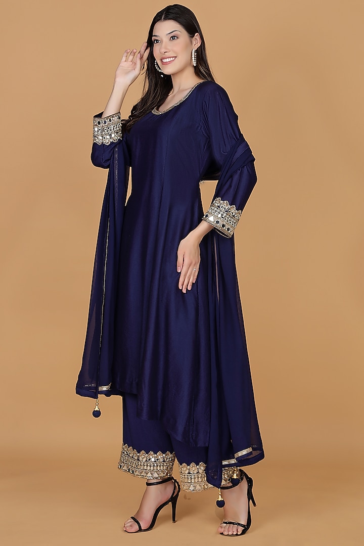 Dark Blue Katan Silk Mirror Work Kurta Set by Milu Madan at Pernia's Pop Up Shop