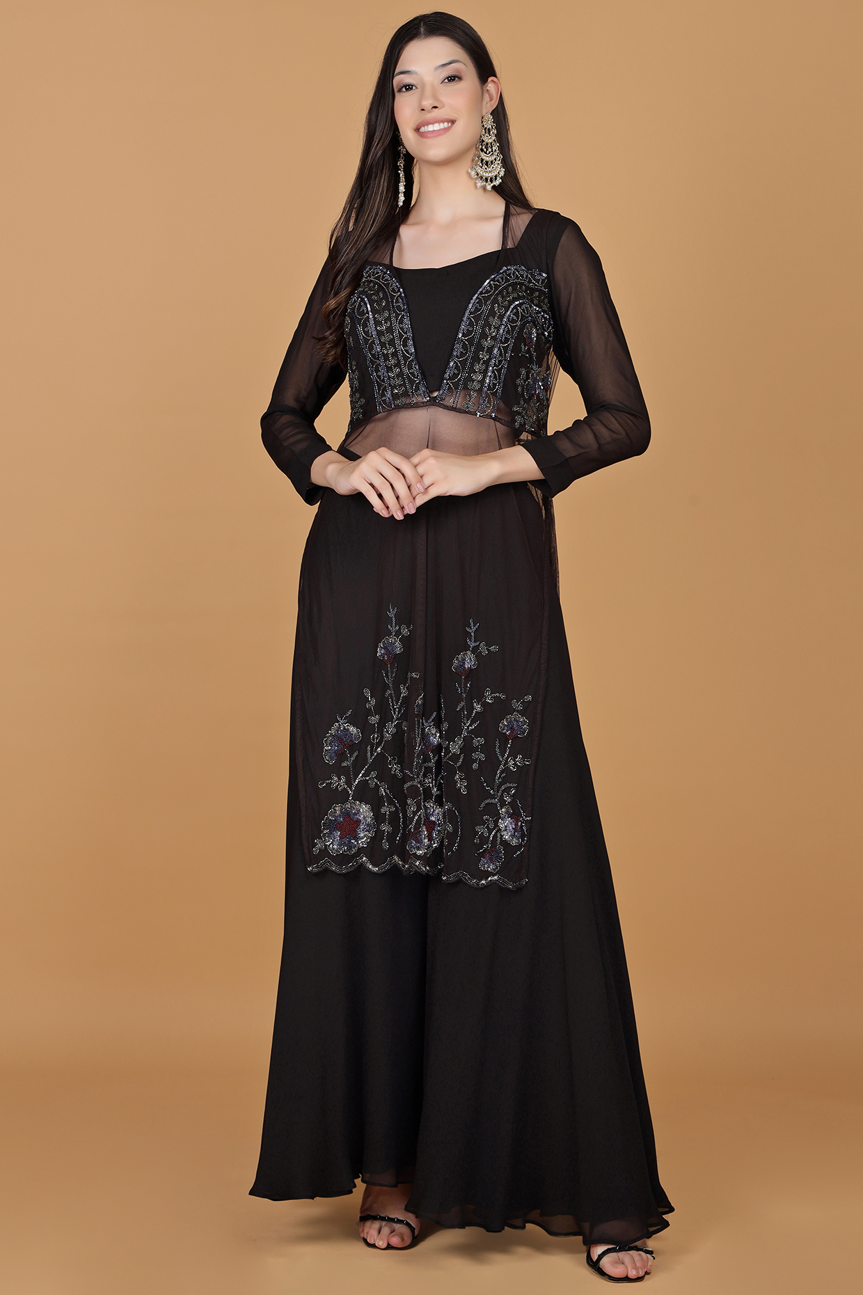 Dark Brown Sheer Net Sequins Work Kurta Set by Milu Madan at Pernia's Pop Up Shop