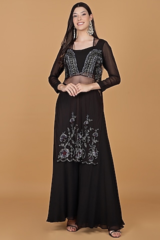 Dark Brown Sheer Net Sequins Work Kurta Set by Milu Madan