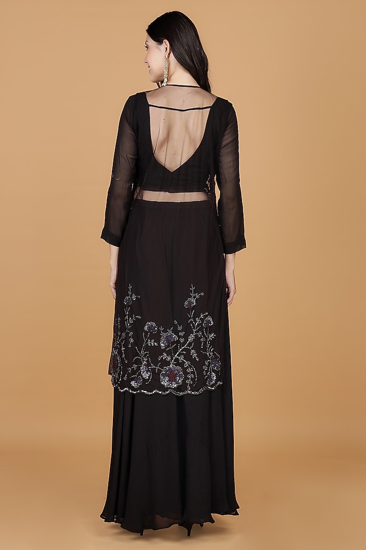 Dark Brown Sheer Net Sequins Work Kurta Set by Milu Madan at Pernia's Pop Up Shop