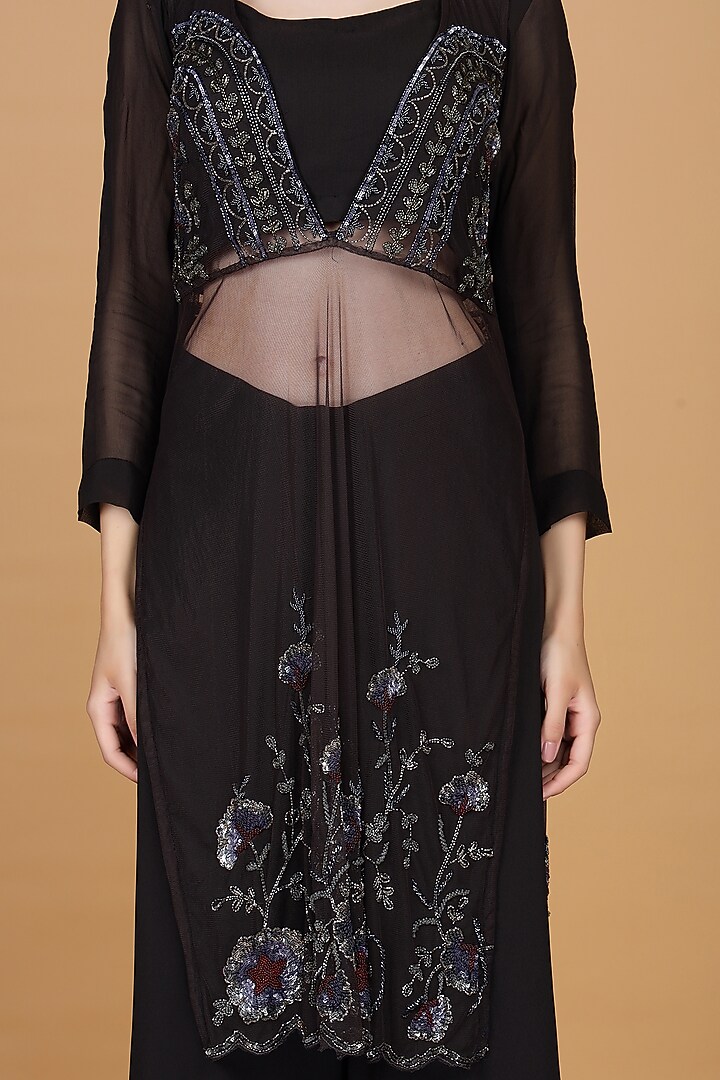 Dark Brown Sheer Net Sequins Work Kurta Set by Milu Madan at Pernia's Pop Up Shop