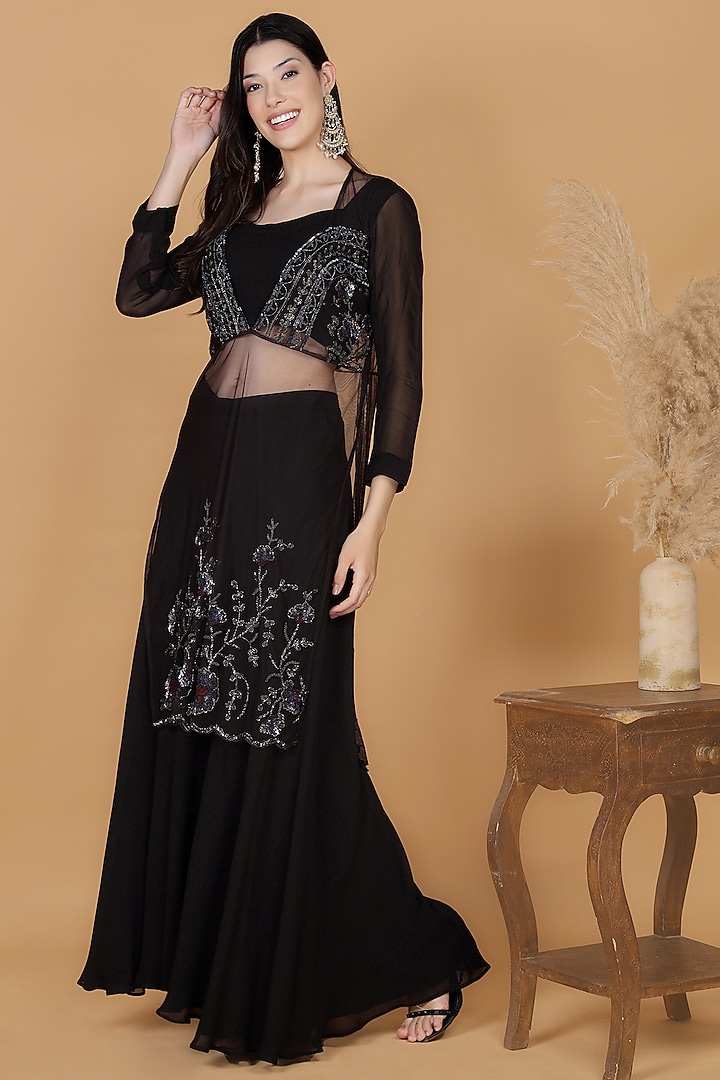 Dark Brown Sheer Net Sequins Work Kurta Set by Milu Madan at Pernia's Pop Up Shop