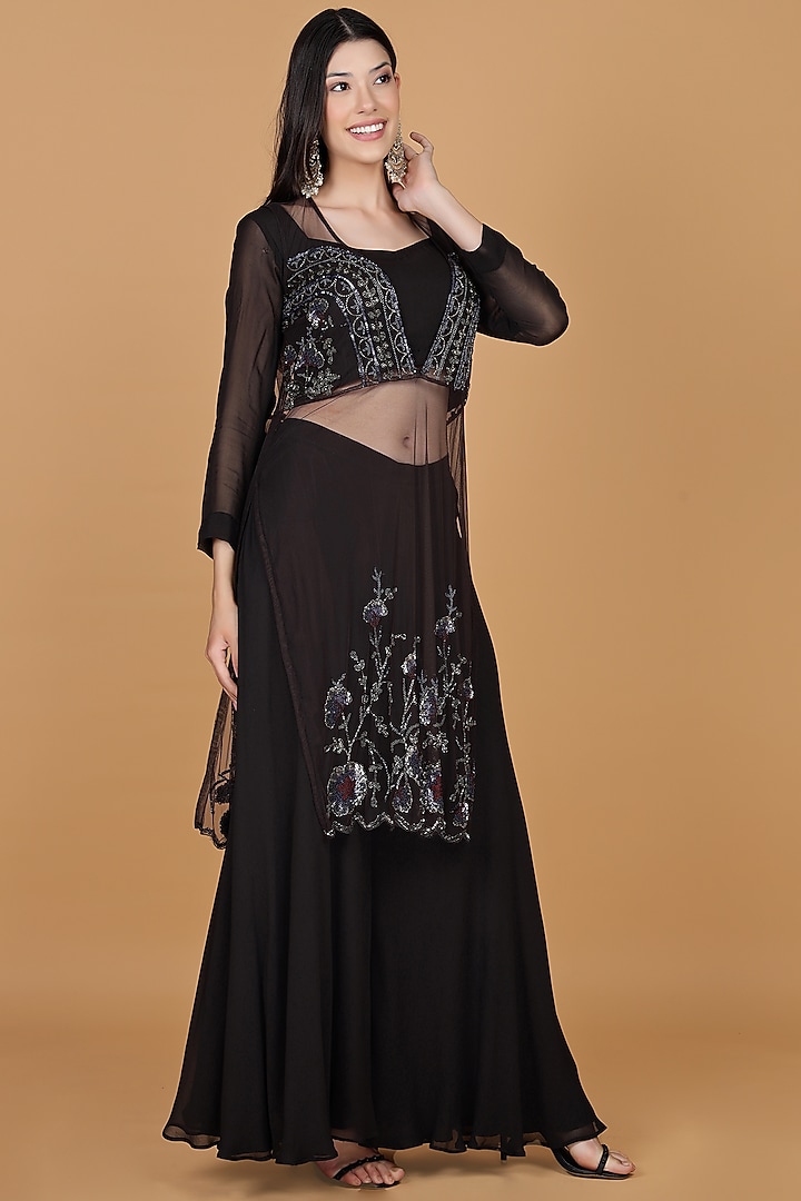 Dark Brown Sheer Net Sequins Work Kurta Set by Milu Madan at Pernia's Pop Up Shop