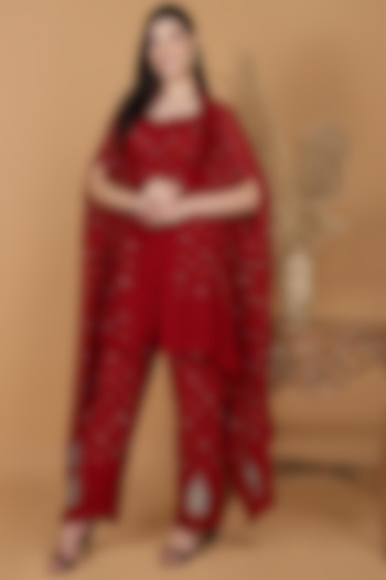 Maroon Georgette Dabka Embroidered Cape Set by Milu Madan at Pernia's Pop Up Shop
