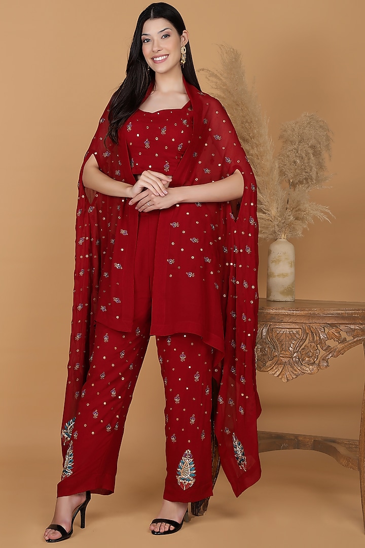 Maroon Georgette Dabka Embroidered Cape Set by Milu Madan at Pernia's Pop Up Shop