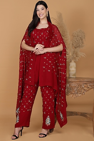 Maroon Georgette Dabka Embroidered Cape Set by Milu Madan