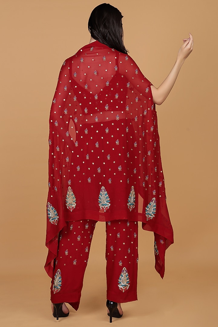 Maroon Georgette Dabka Embroidered Cape Set by Milu Madan at Pernia's Pop Up Shop