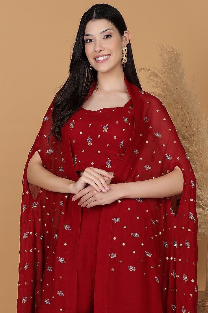 Maroon Georgette Dabka Embroidered Cape Set by Milu Madan at Pernia's Pop Up Shop