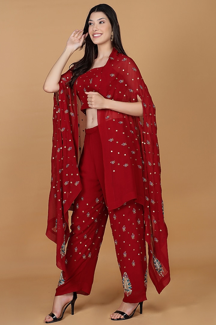 Maroon Georgette Dabka Embroidered Cape Set by Milu Madan at Pernia's Pop Up Shop