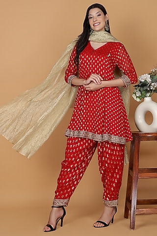 Red Georgette Dabka Work Kurta Set by Milu Madan