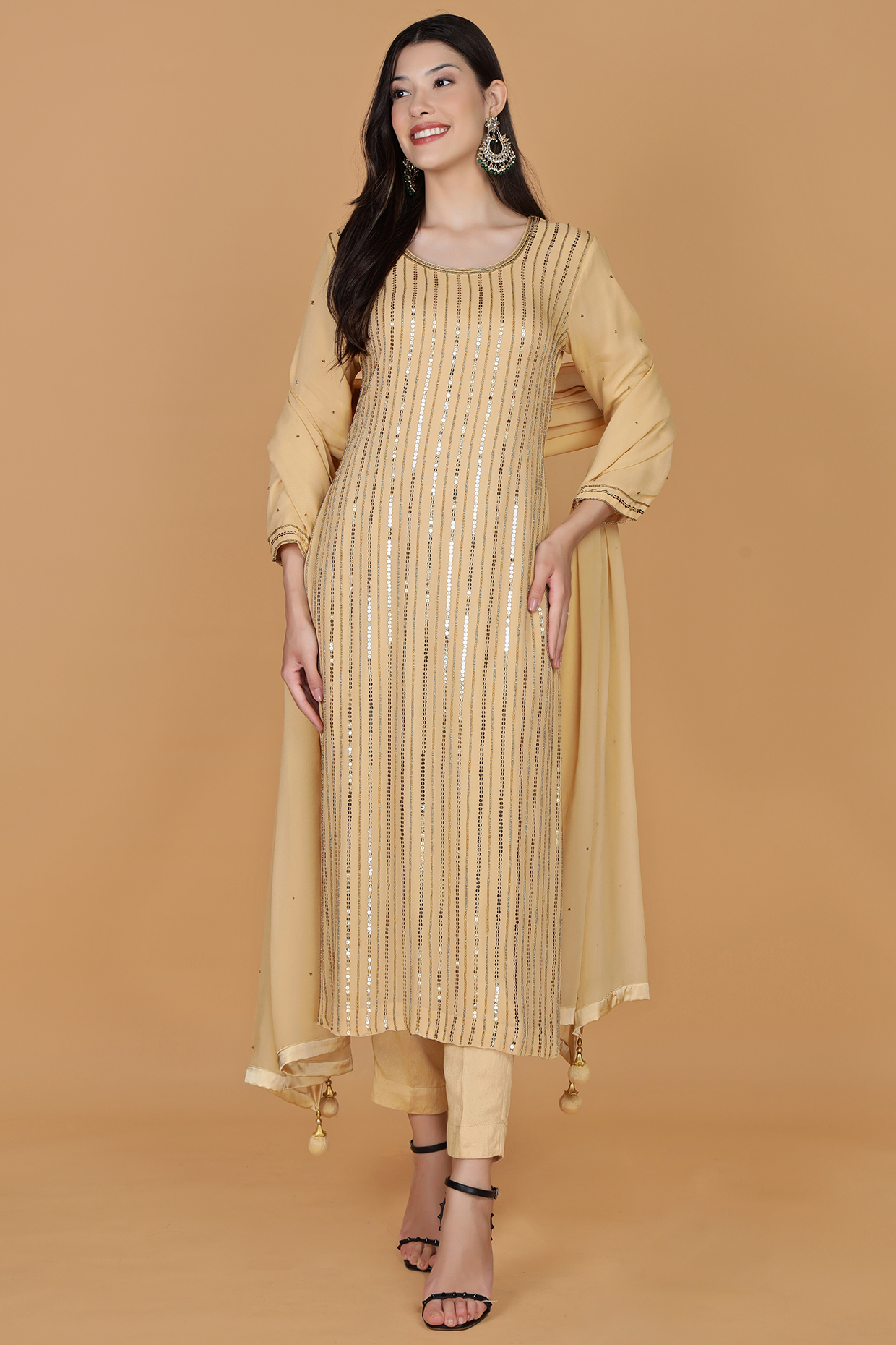 Beige Georgette Sequins Work Kurta Set by Milu Madan at Pernia's Pop Up Shop