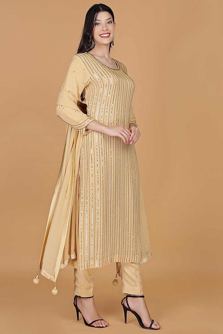 Beige Georgette Sequins Work Kurta Set by Milu Madan at Pernia's Pop Up Shop