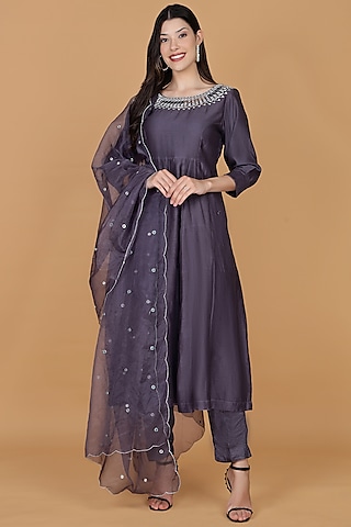 Dull Purple Chanderi Mirror Work Anarkali Set by Milu Madan