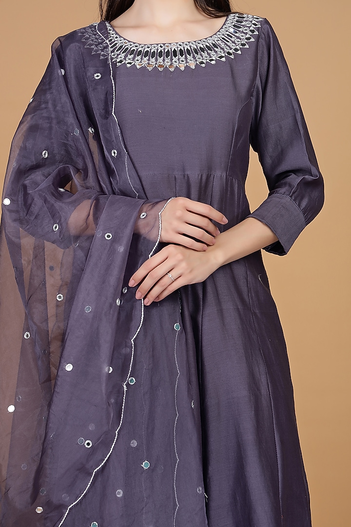 Dull Purple Chanderi Mirror Work Party Wear Anarkali Set by Milu Madan at Pernia's Pop Up Shop