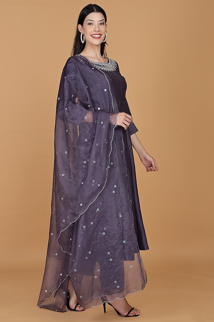 Dull Purple Chanderi Mirror Work Party Wear Anarkali Set by Milu Madan at Pernia's Pop Up Shop