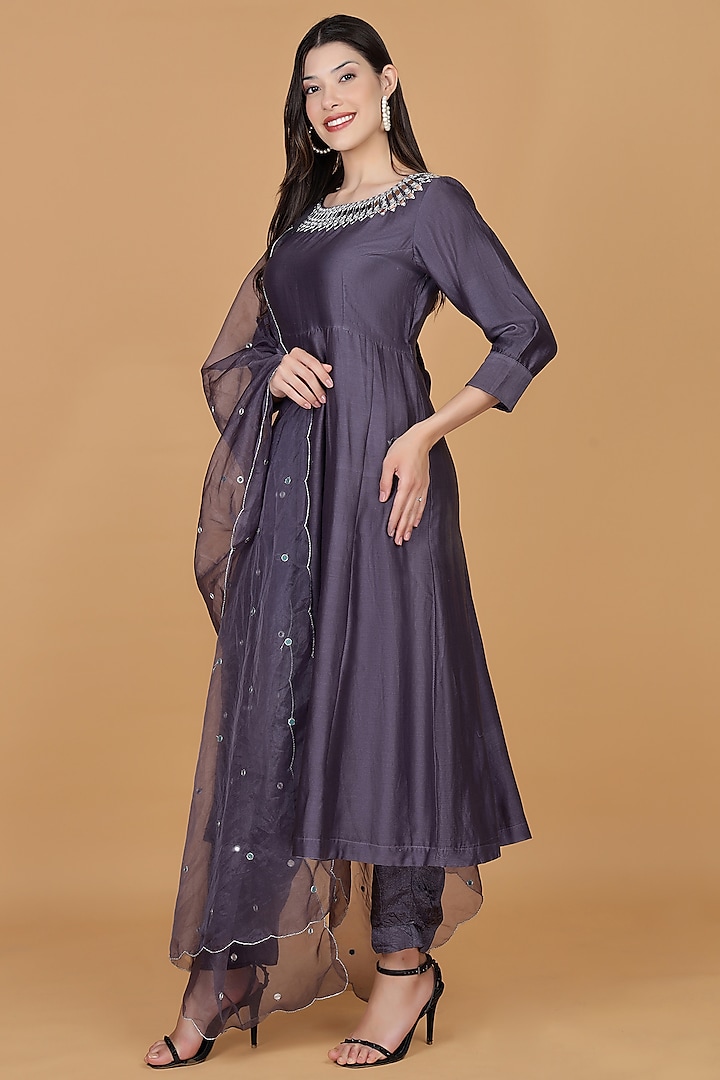 Dull Purple Chanderi Mirror Work Party Wear Anarkali Set by Milu Madan at Pernia's Pop Up Shop