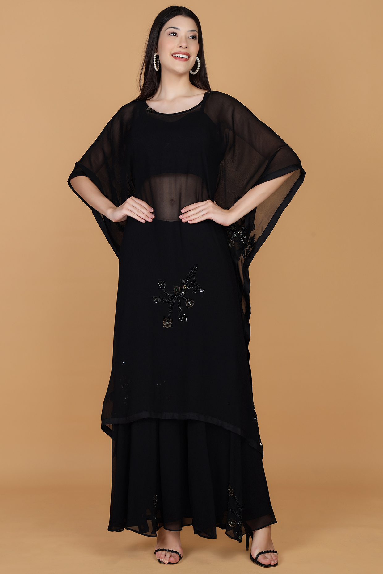Black Georgette Sequins Work Kaftan Set by Milu Madan at Pernia's Pop Up Shop