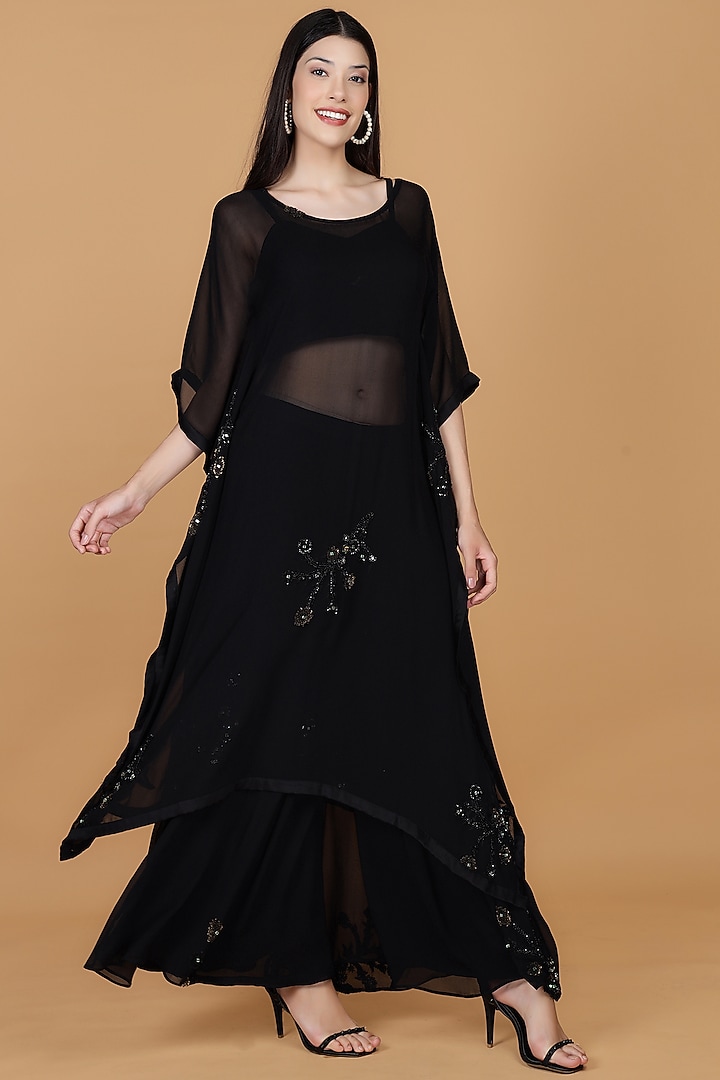 Black Georgette Sequins Work Kaftan Set by Milu Madan at Pernia's Pop Up Shop
