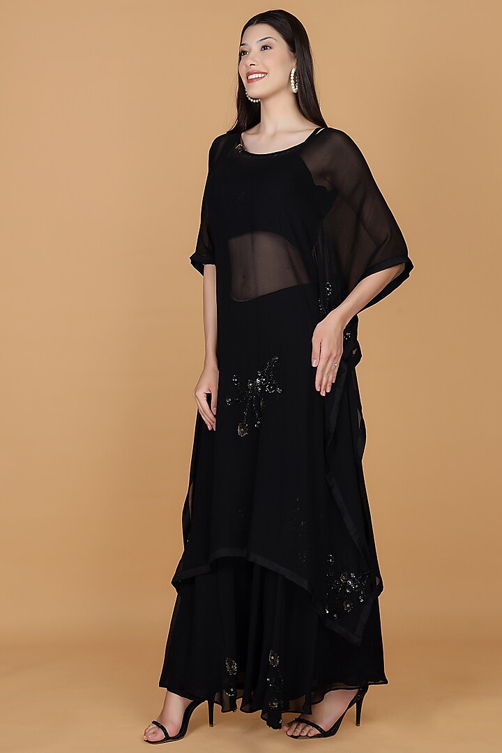 Black Georgette Sequins Work Kaftan Set by Milu Madan at Pernia's Pop Up Shop