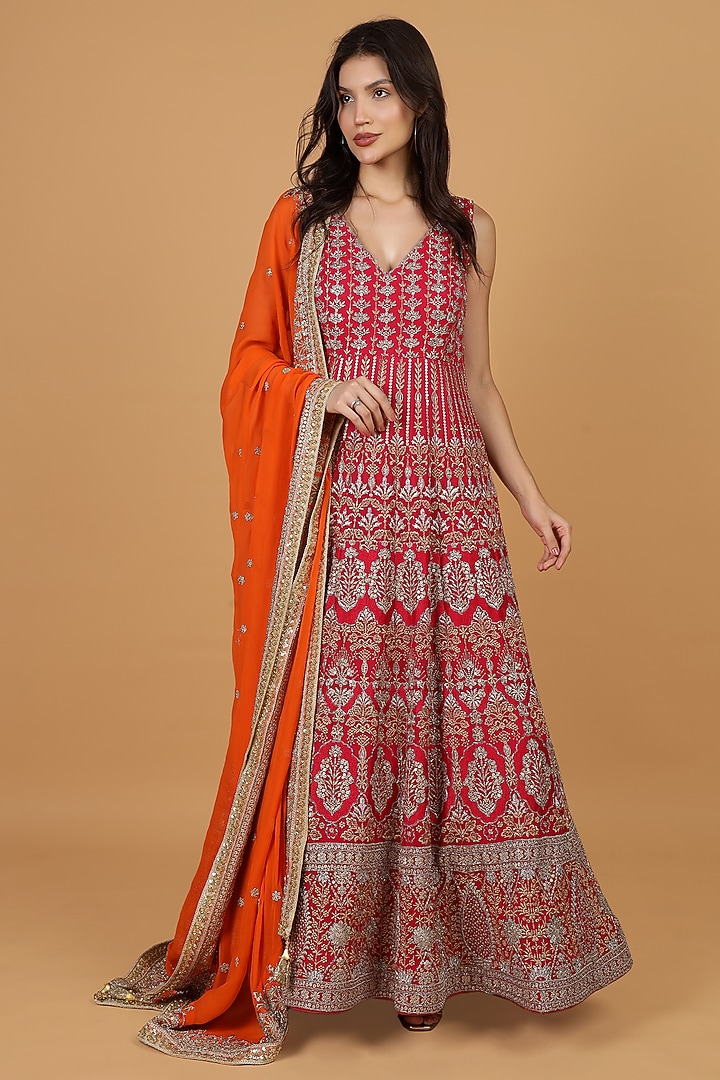 Hot Pink Viscose Georgette Sequins Embroidered Wedding Anarkali Set by Milu Madan at Pernia's Pop Up Shop