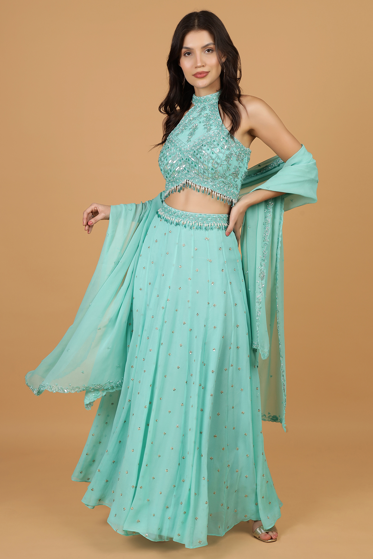 Sea Green Georgette Sequins Work Lehenga Set by Milu Madan at Pernia's Pop Up Shop
