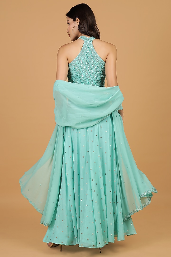 Sea Green Georgette Sequins Work Lehenga Set by Milu Madan at Pernia's Pop Up Shop