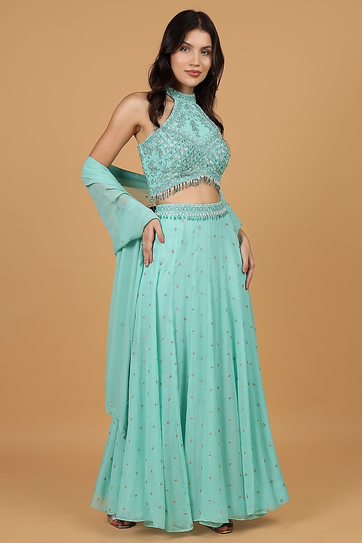Sea Green Georgette Sequins Work Lehenga Set by Milu Madan at Pernia's Pop Up Shop