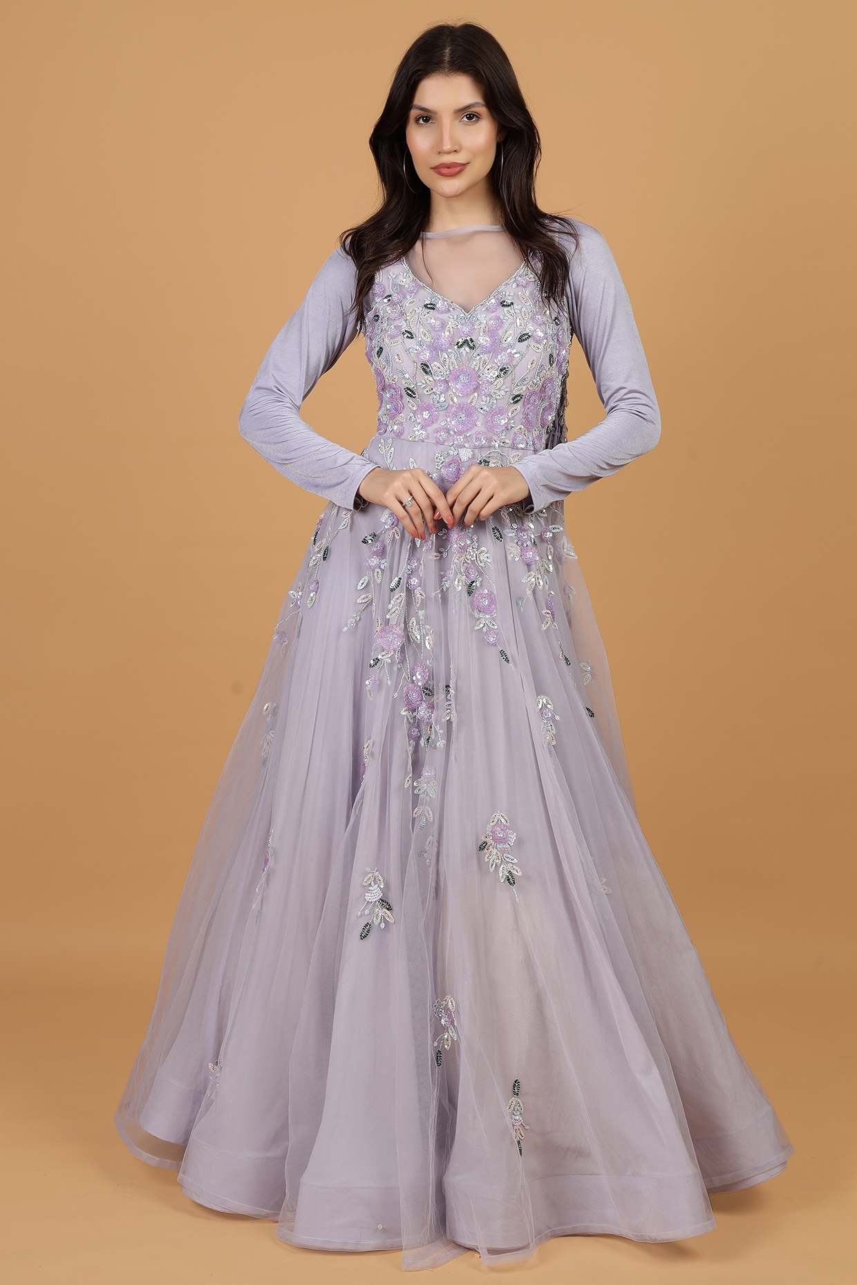 Mauve Net & Crepe Hand Embroidered Engagement Gown by Milu Madan at Pernia's Pop Up Shop