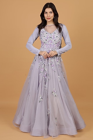 Mauve Net & Crepe Hand Embroidered Gown by Milu Madan