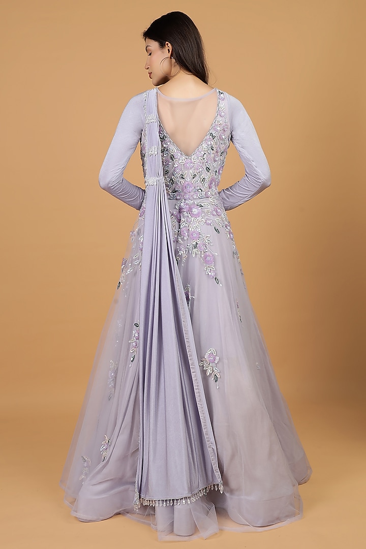 Mauve Net & Crepe Hand Embroidered Engagement Gown by Milu Madan at Pernia's Pop Up Shop