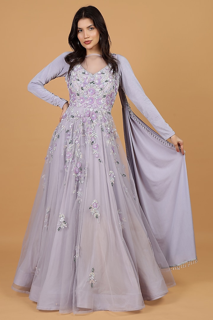 Mauve Net & Crepe Hand Embroidered Engagement Gown by Milu Madan at Pernia's Pop Up Shop