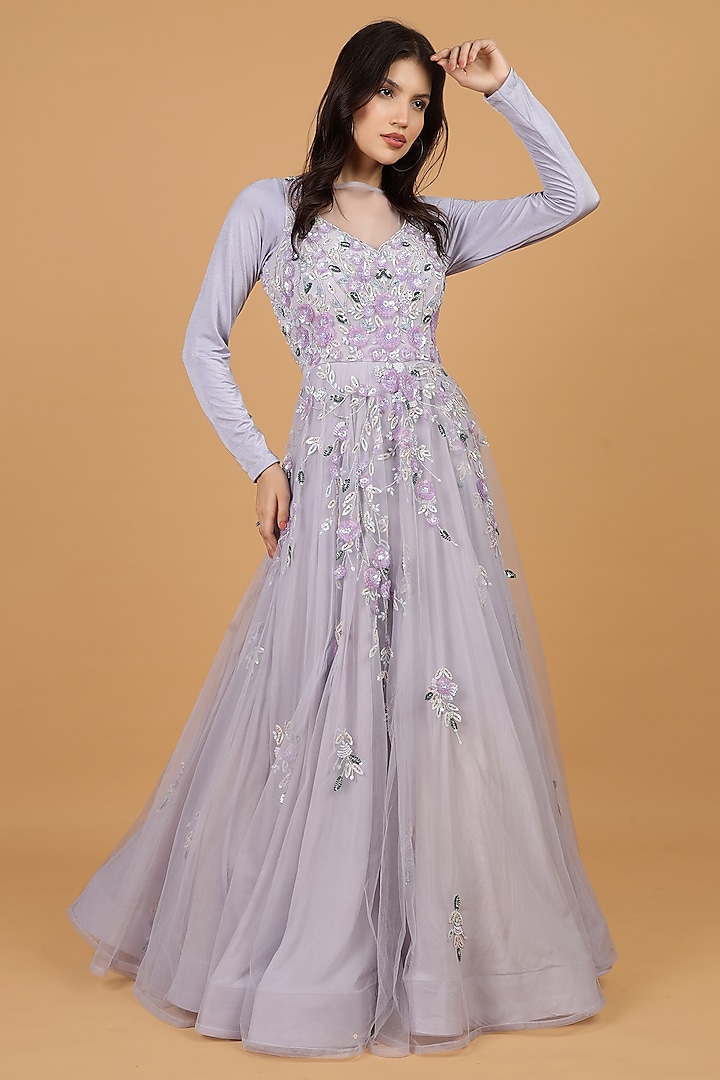 Mauve Net & Crepe Hand Embroidered Engagement Gown by Milu Madan at Pernia's Pop Up Shop