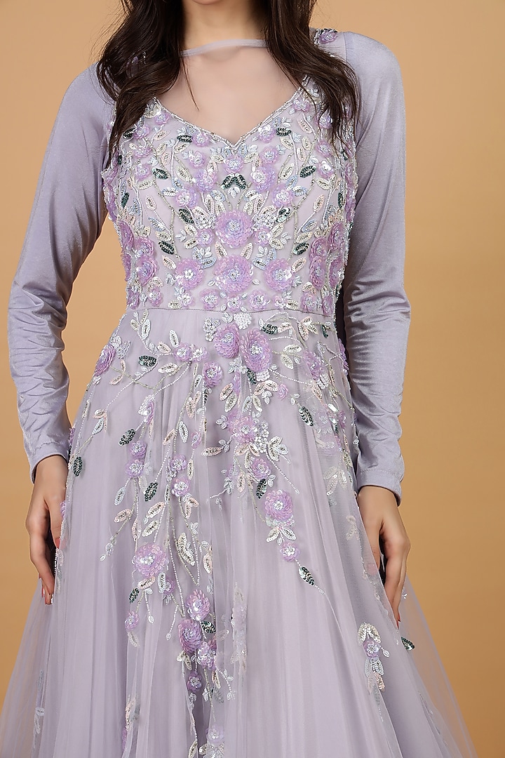 Mauve Net & Crepe Hand Embroidered Engagement Gown by Milu Madan at Pernia's Pop Up Shop
