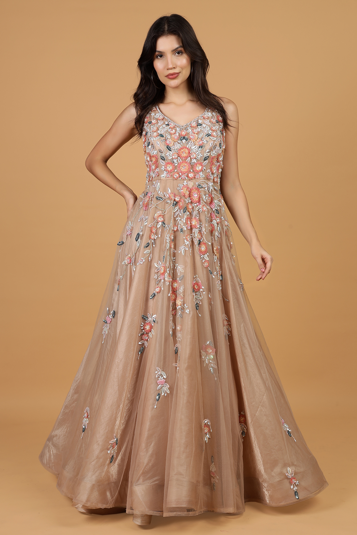 Mocha Colored Net & Lycra Hand Embroidered Engagement Gown by Milu Madan at Pernia's Pop Up Shop