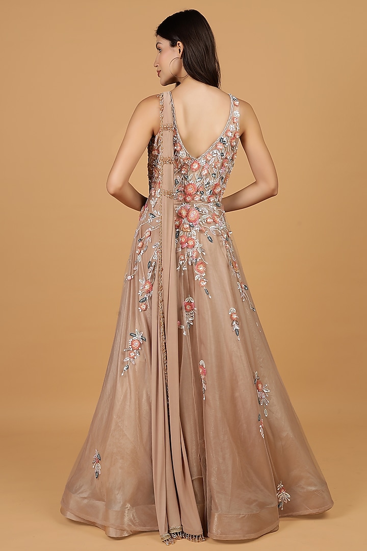 Mocha Colored Net & Lycra Hand Embroidered Engagement Gown by Milu Madan at Pernia's Pop Up Shop