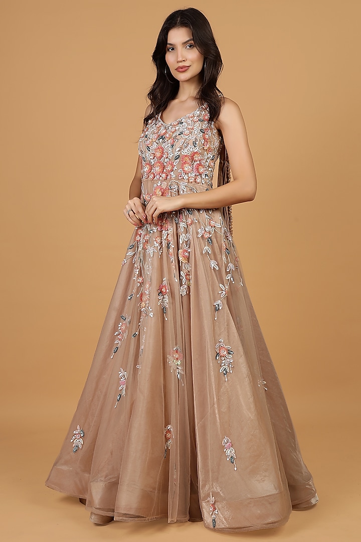 Mocha Colored Net & Lycra Hand Embroidered Engagement Gown by Milu Madan at Pernia's Pop Up Shop