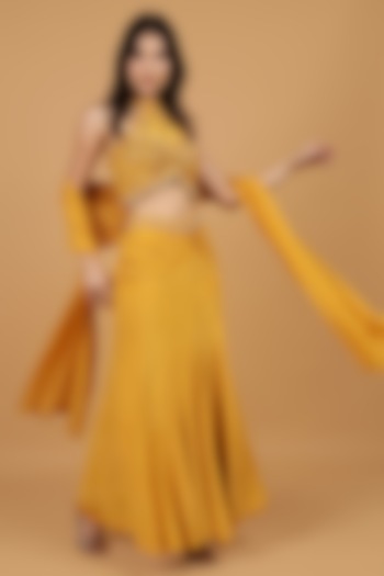 Mustard Crepe Sequins Work Fish-Cut Skirt Set by Milu Madan at Pernia's Pop Up Shop