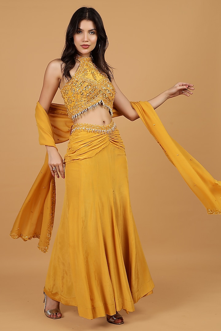 Mustard Crepe Sequins Work Fish-Cut Skirt Set by Milu Madan at Pernia's Pop Up Shop