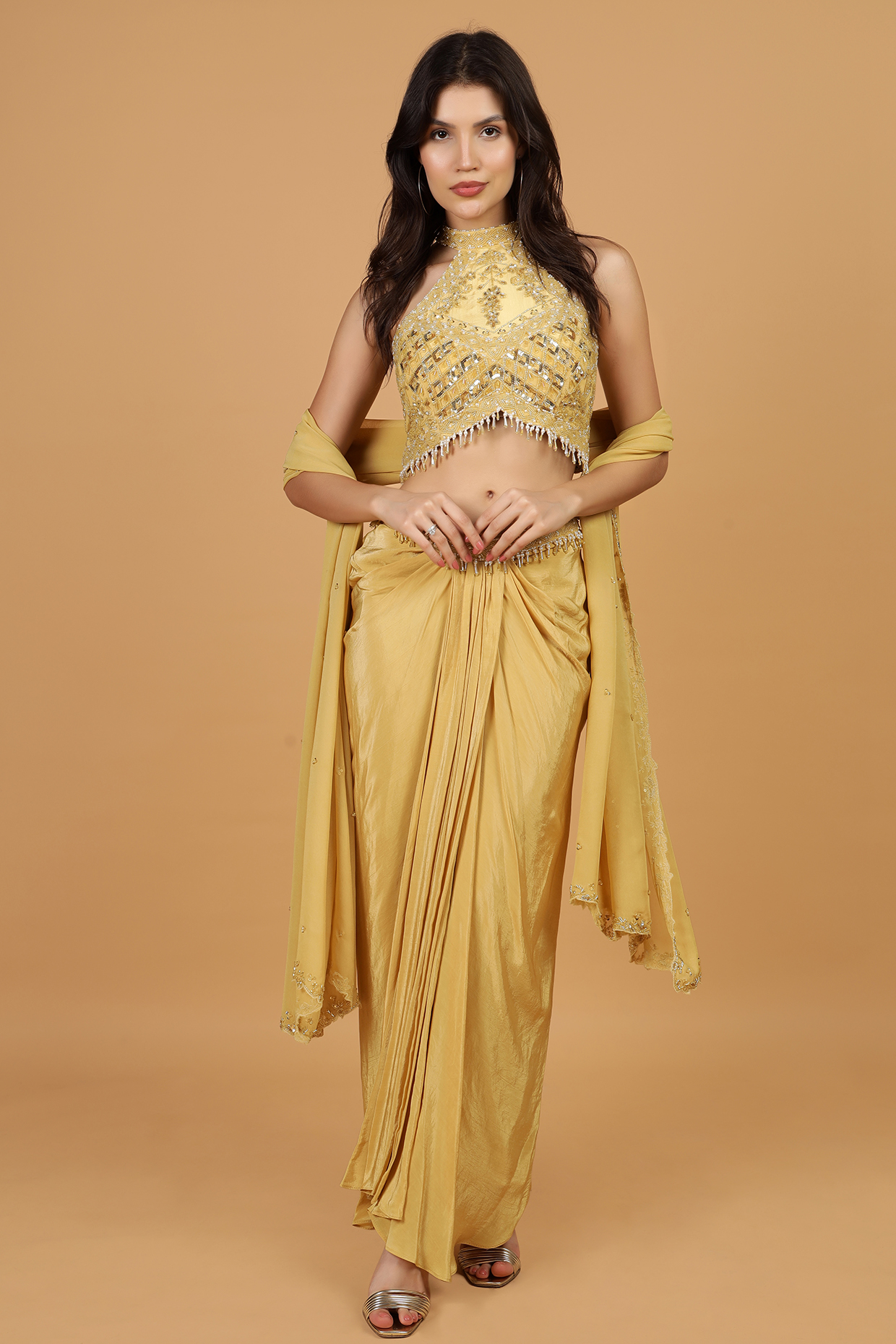Beige Crepe Sequins Work Draped Skirt Set by Milu Madan at Pernia's Pop Up Shop