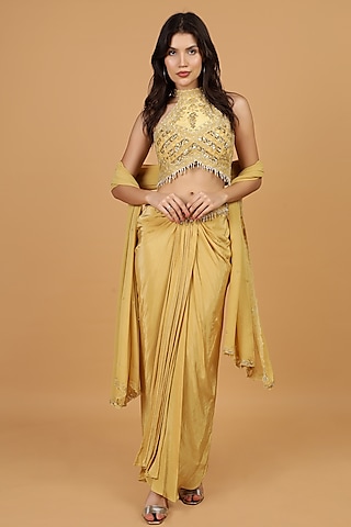 Beige Crepe Sequins Work Draped Skirt Set by Milu Madan
