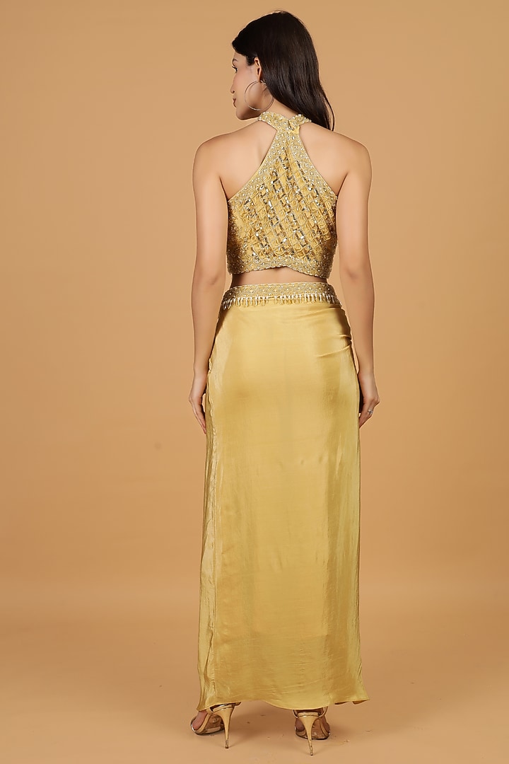 Beige Crepe Sequins Work Draped Skirt Set by Milu Madan at Pernia's Pop Up Shop