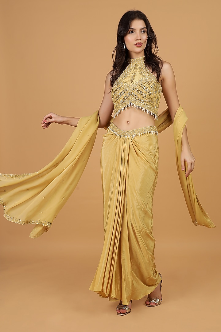 Beige Crepe Sequins Work Draped Skirt Set by Milu Madan at Pernia's Pop Up Shop