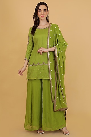 Leaf Green Organza Sharara Set by Milu Madan