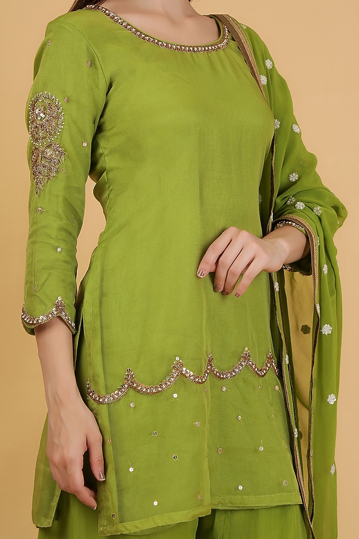 Leaf Green Organza Sharara Set by Milu Madan at Pernia's Pop Up Shop